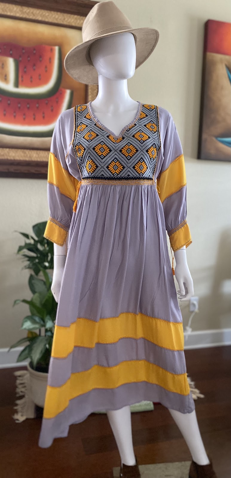 Gray and Yellow Hand Embroidered Dress