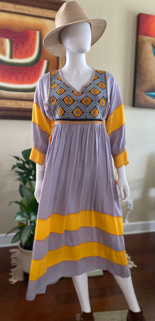 Gray and Yellow Hand Embroidered Dress