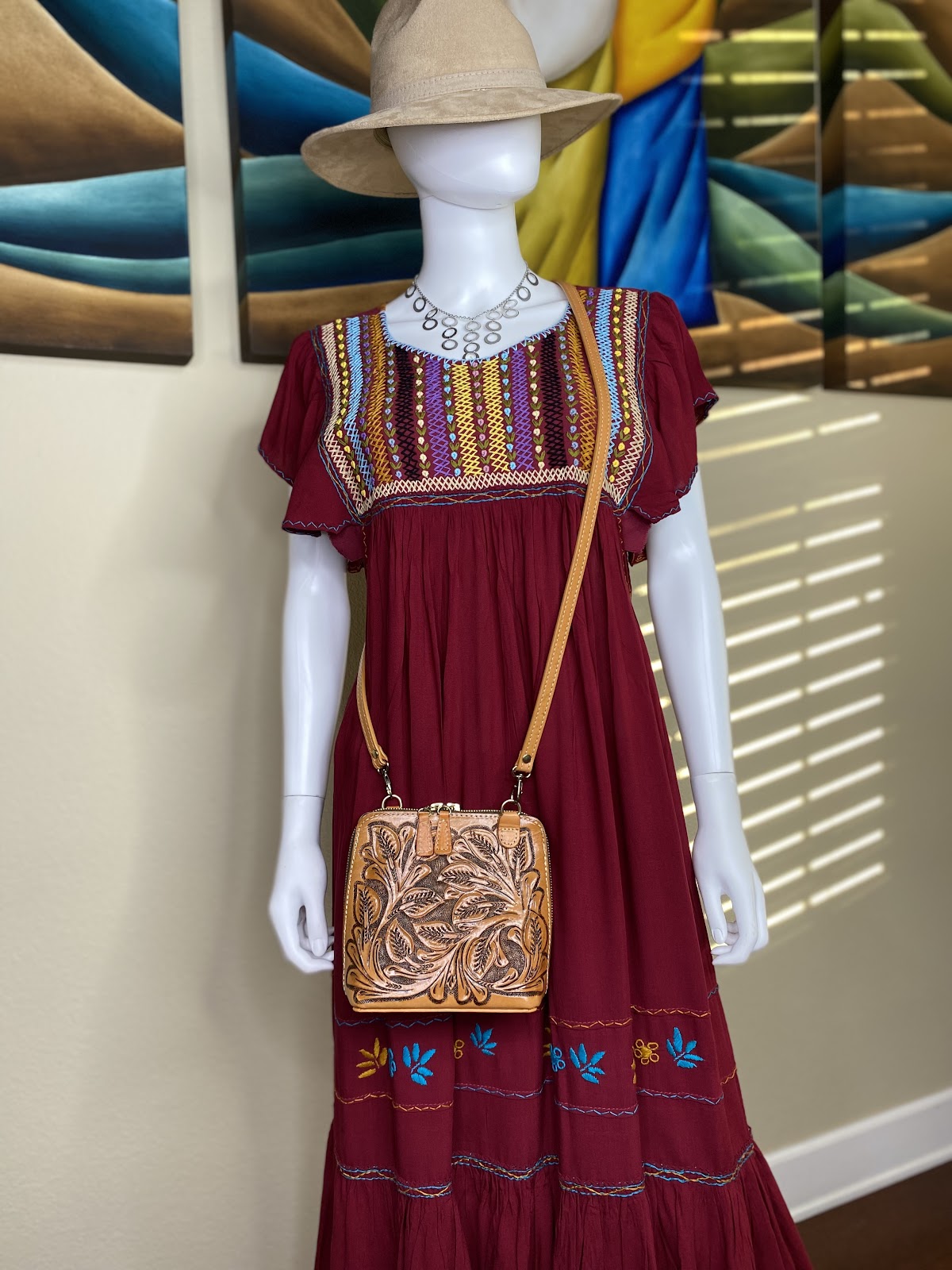 Burgundy Huipil Dress with Multicolor Designs