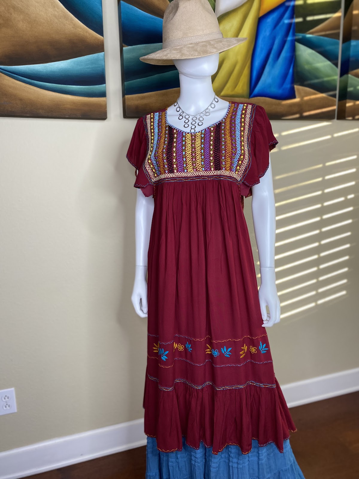 Burgundy Huipil Dress with Multicolor Designs