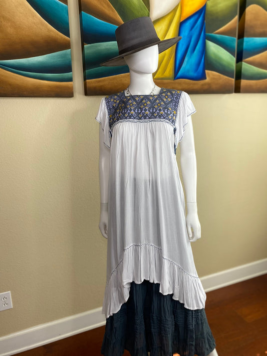 Cream Huipil Dress with beautiful Grey and Yellow Designs