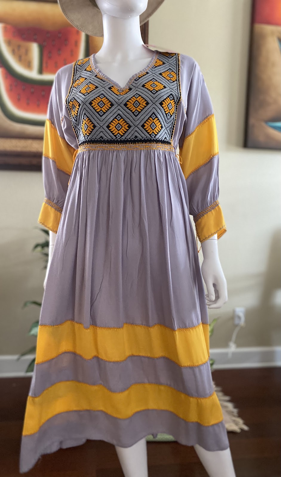 Gray and Yellow Hand Embroidered Dress
