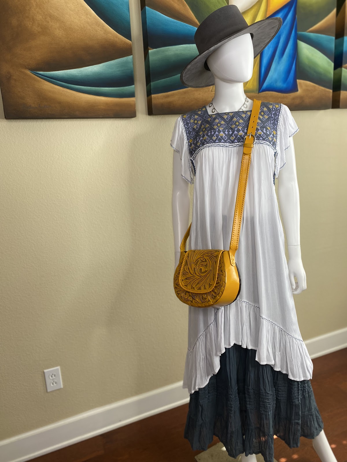 Cream Huipil Dress with beautiful Grey and Yellow Designs